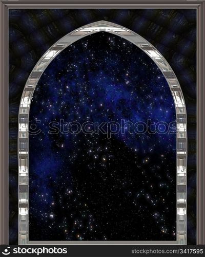 . gothic or science fiction window looking into space or starry night sky