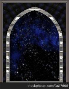 . gothic or science fiction window looking into space or starry night sky