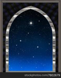 . gothic or science fiction window looking into starry night sky with wishing star