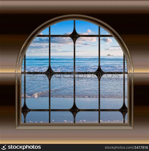 gothic or science fiction window looking onto a beautiful beach