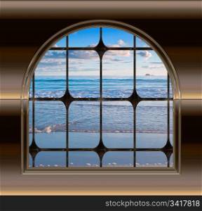 gothic or science fiction window looking onto a beautiful beach