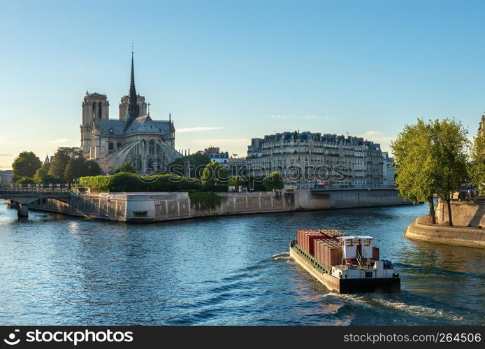 Gothic style of Notre Dame in Paris at sunset