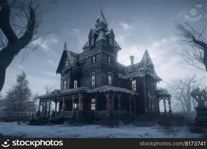 Gothic vintage house. Winter old night. Generate Ai. Gothic vintage house. Winter old night