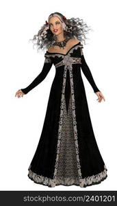 Gothic woman in black medieval gown, curly hair and purple eyes, 3D Illustration.