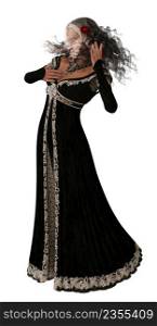 Gothic woman in black medieval gown, curly hair and white spider veil, 3D Illustration.