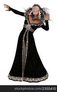 Gothic woman in black medieval gown, curly hair and white spider veil, 3D Illustration.