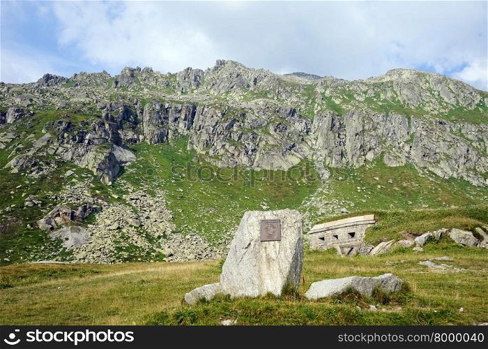 GOTTHARD PASS, SWITZERLAND - CIRCA AUGUST 2015 Fortress and stone monument
