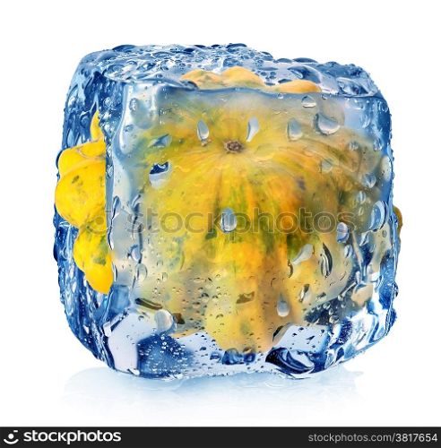 Gourd in ice cube isolated on white
