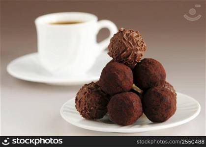 Gourmet chocolate truffles on a plate with a cup of coffee