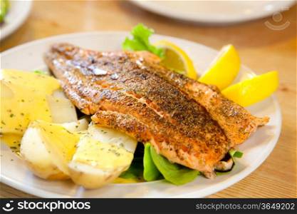 gourmet Grilled Salmon Steak with baked potato and lemon meal