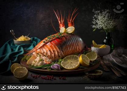Gourmet lobster on a plate. Recipe with many ingredients. Generative AI