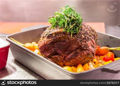 Gourmet Main Entree Course Grilled Rib-Eye Beef steak with herb