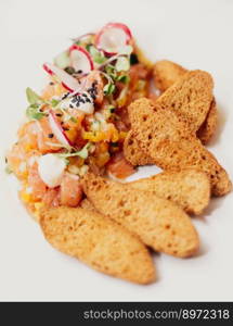 Gourmet salmon ceviche dish with whole wheat toast