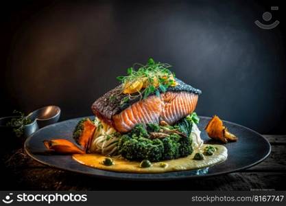 Gourmet salmon steak with broccoli on a plate. Recipe with many ingredients. Generative AI