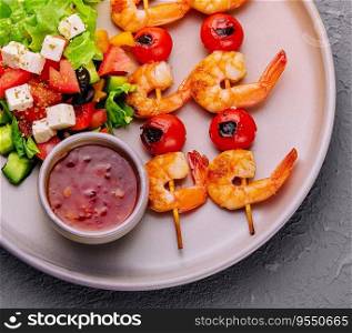 Gourmet shrimp skewers with salad greens and souce. Gourmet shrimp skewers with salad greens and sauce