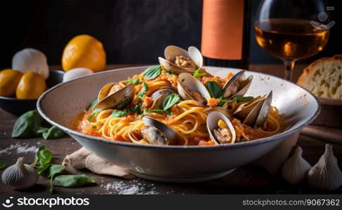 Gourmet spaguetti with clams on a plate. Italian recipe with tasty ingredients. White wine to go with. Generative AI