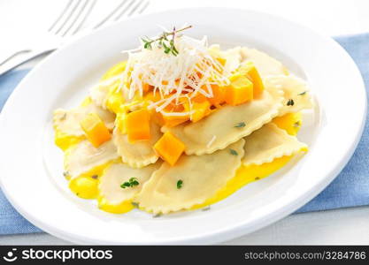 Gourmet squash ravioli dinner served with cheese on plate