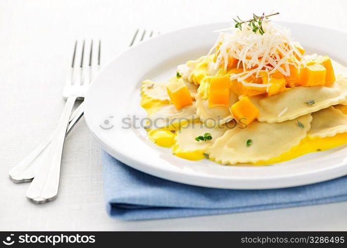 Gourmet squash ravioli dinner served with cheese on plate