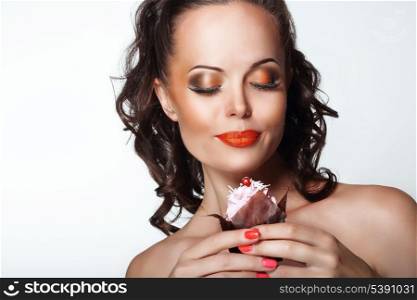Gourmet. Woman Holding Unhealthy Food - Appetizing Chocolate Muffin