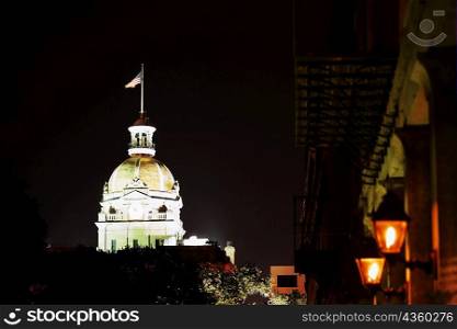 Government building lit up at night, Town Hall, Savannah, Georgia, USA