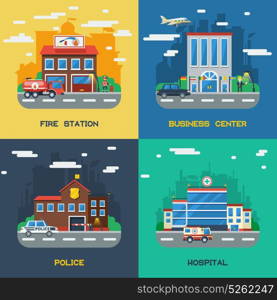 Government Buildings 2x2 Flat Design Concept. Government buildings 2x2 flat design concept set of fire station business center police and hospital vector illustration