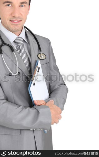 GP with stethoscope and clipboard