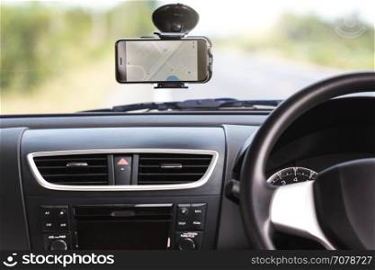 gps navigation map on phone in traveling car