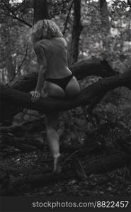 Graceful bare woman on tree branch monochrome scenic photography. Picture of person with wild wood on background. High quality wallpaper. Photo concept for ads, travel blog, magazine, article. Graceful bare woman on tree branch monochrome scenic photography