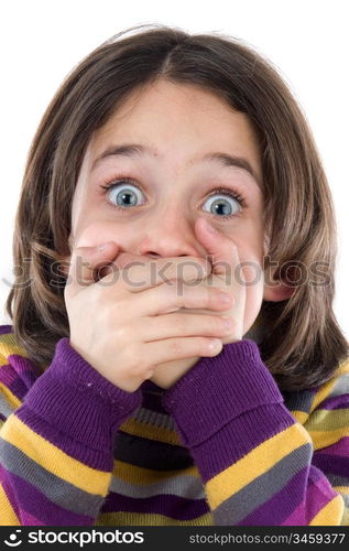 Graceful gesture of a girl covered his mouth on a white background