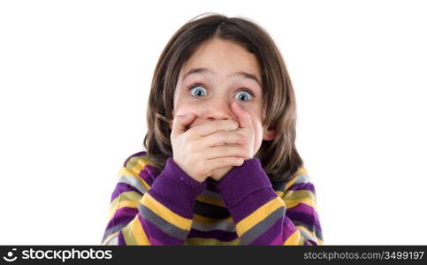 Graceful gesture of a girl covered his mouth on a white background