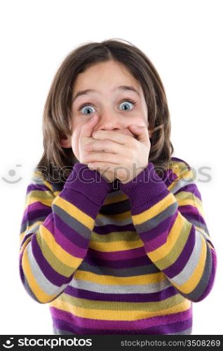 Graceful gesture of a girl covered his mouth on a white background