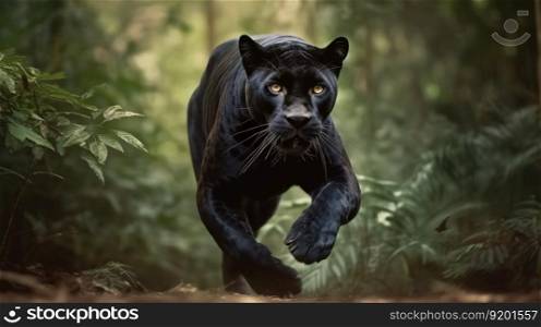 Graceful Leap, Black Panther in the Jungle. Generative AI