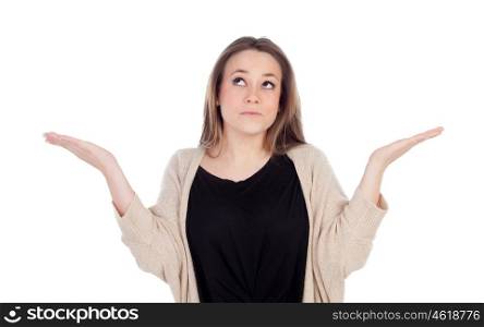 Graceful young woman shrugging isolated on a white background
