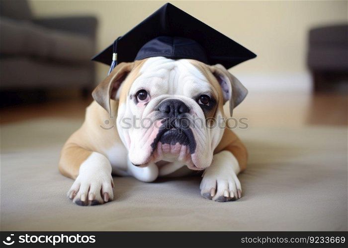 Graduate dog at home. Happy education. Generate Ai. Graduate dog at home. Generate Ai