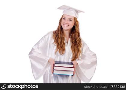 Graduate girl with books isolated on white