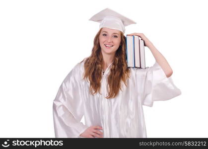 Graduate girl with books isolated on white