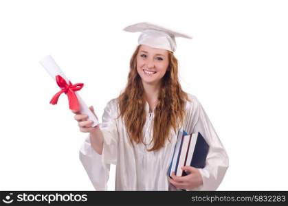 Graduate girl with diploma and books isolated on white