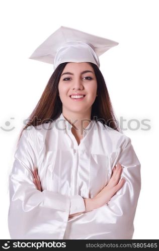 Graduate girl with diploma isolated on white