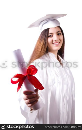 Graduate girl with diploma isolated on white