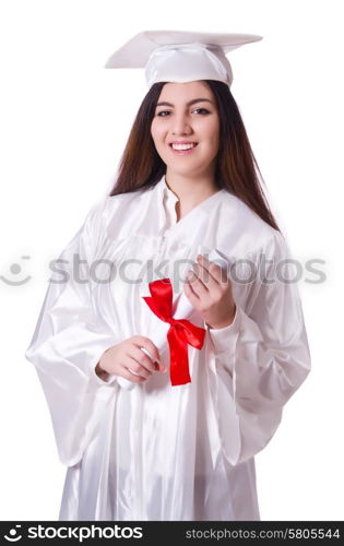 Graduate girl with diploma isolated on white