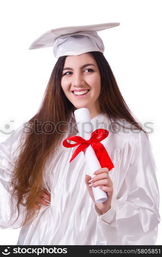 Graduate girl with diploma isolated on white