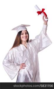 Graduate girl with diploma isolated on white