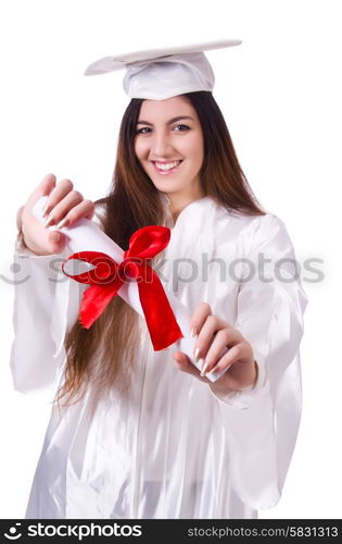 Graduate girl with diploma isolated on white