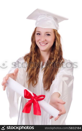 Graduate girl with diploma isolated on white