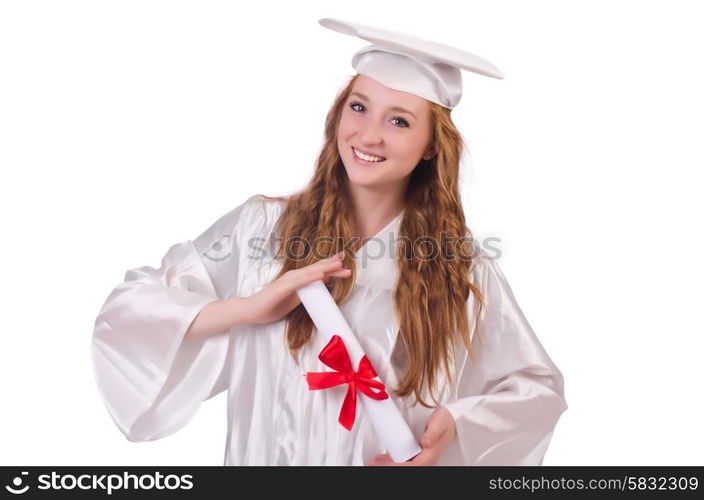 Graduate girl with diploma isolated on white