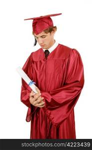 Graduate holding his diploma and looking sad. Isolated on white background.