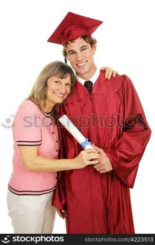 Graduate posing in cap and gown with his proud mother. Isolated on white.