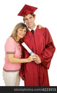 Graduate posing in cap and gown with his proud mother. Isolated on white.