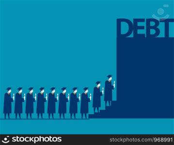 Graduate students walking into debt. Concept business debt illustration. Vector cartoon character and abstract
