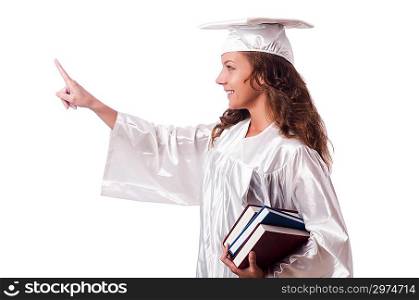 Graduate with book isolated on white